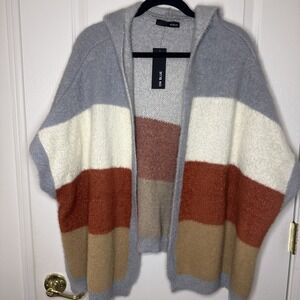 On Blue NWT Colorblock Fuzzy Open Cardigan S/M Gray Orange Mustard Cream